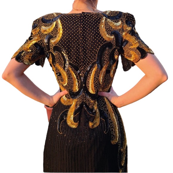 Vintage Riva Designs beaded and sequins black and gold dress SZ 1X. I-6 - Picture 3 of 13